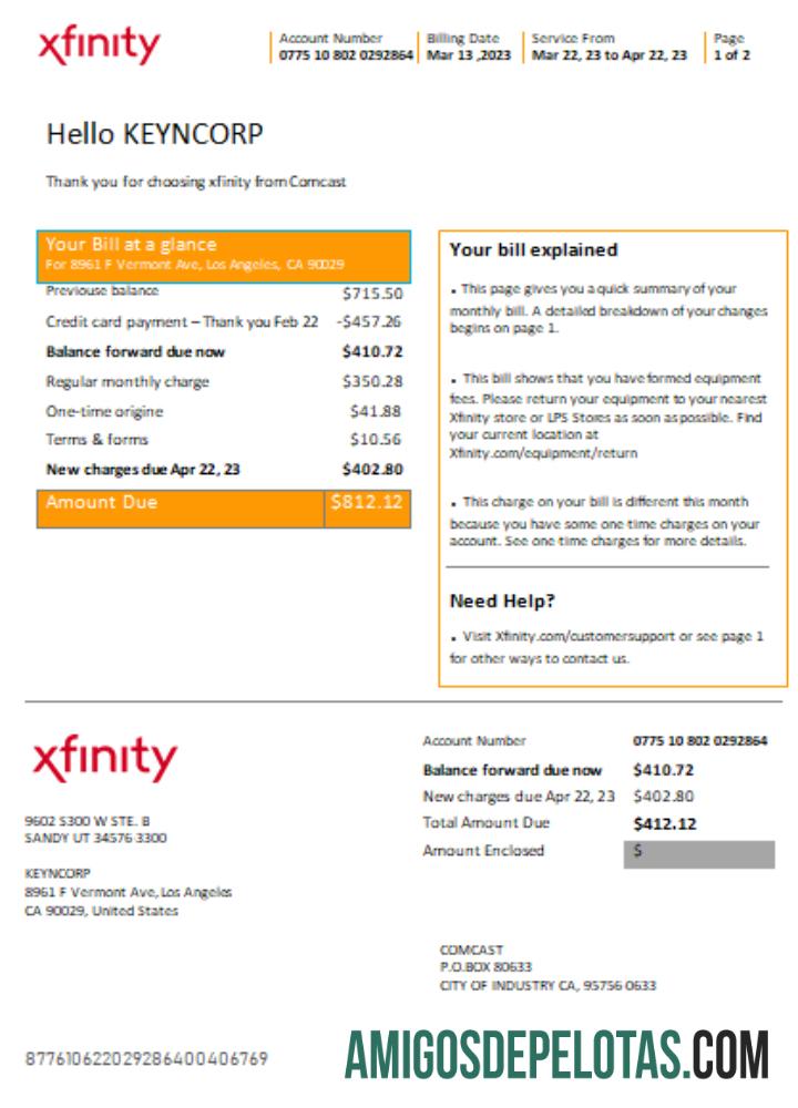 SCR da conta de negócios do utilitário Comcast de São Francisco Xfinity Página 1 exemplo